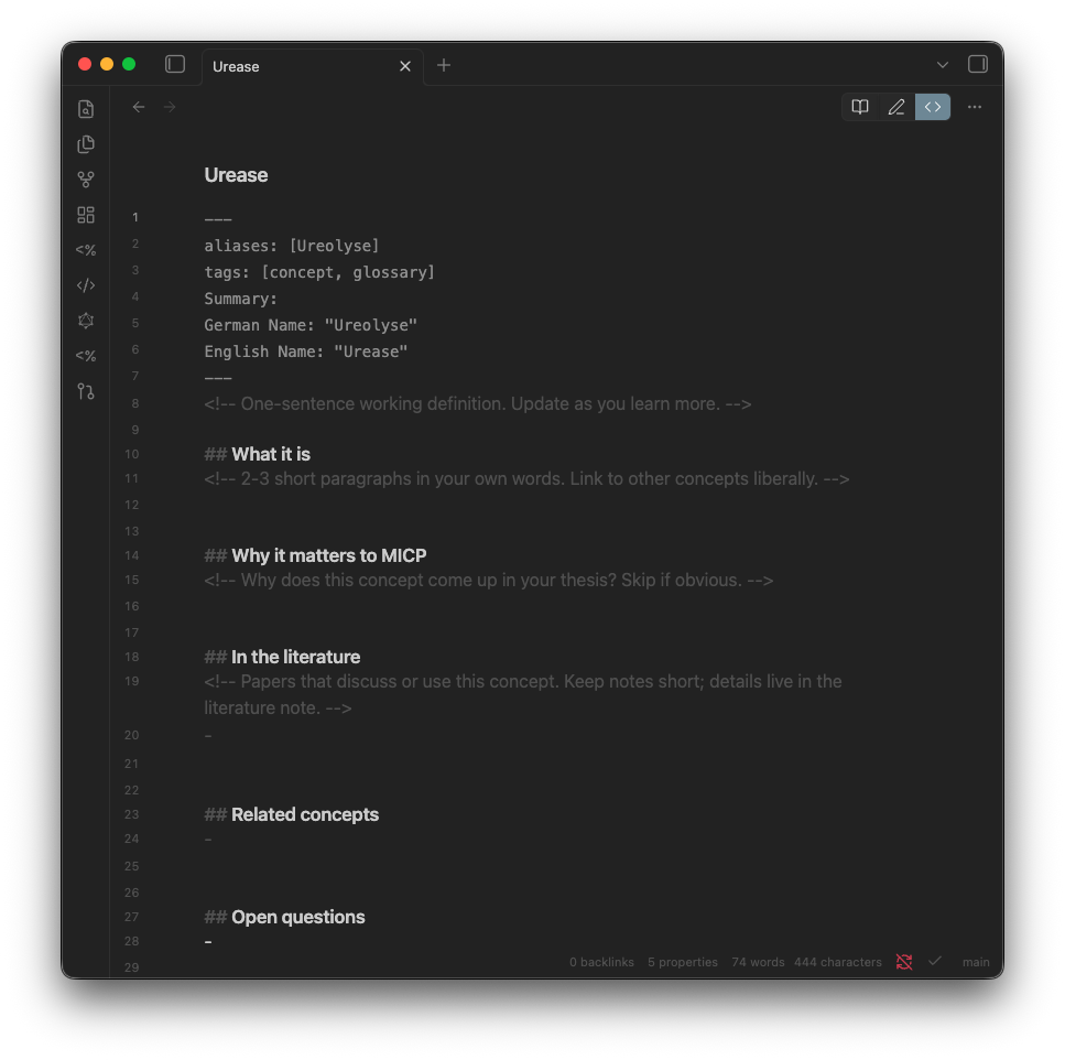 A concept note in `2 Wiki/Concept Notes/`. The frontmatter holds the term + definition that the Glossary pulls; the body is yours, with backlinks to the literature notes that mention this concept.