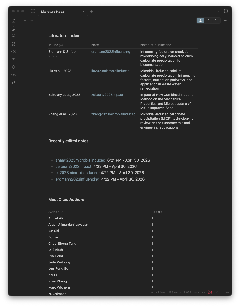 Literature Index — a Dataview table of all paper notes, sortable by year.