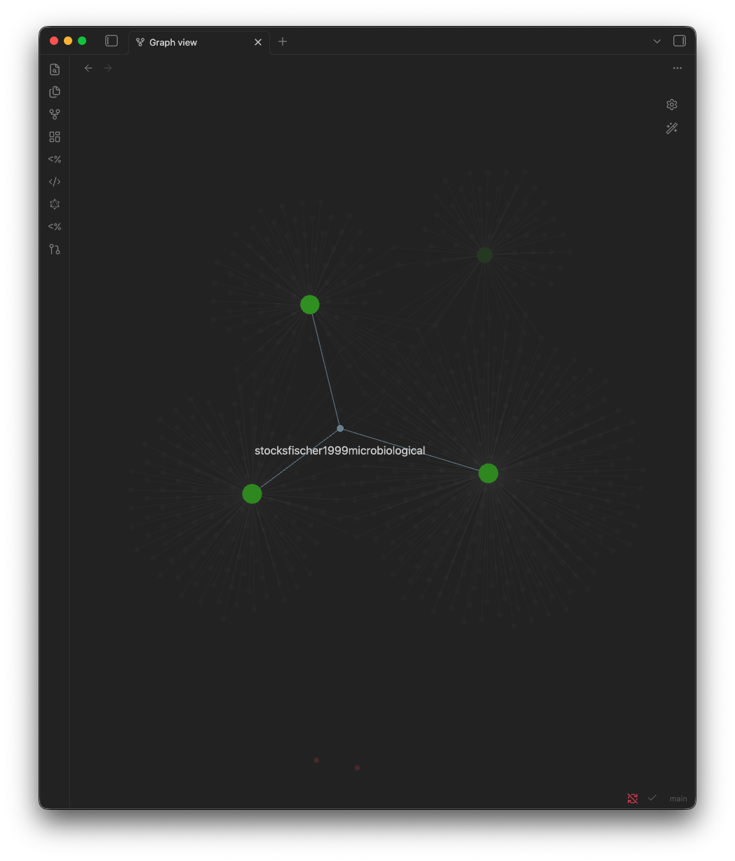Global graph view of the vault. **Green** nodes are papers you have already imported into Obsidian (notes in `1 Literature/`); **grey** nodes are referenced papers you have not yet imported or read. The size of each grey node scales with how many of your imported papers cite it — bigger grey dots are stronger candidates for the next paper to read.